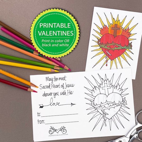 Printable Catholic Valentine Card - Sacred Heart Kid Valentine - Catholic Valentine's Day Card Coloring Page - Saint Valentine's Day Craft