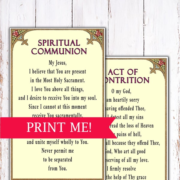 Spiritual Communion and Act of Contrition Prayer PRINTABLE, Digital PDF Prayer Card set, Catholic Holy Card for Act of Spiritual Communion