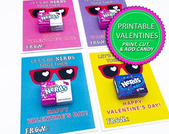 Valentines Printable Cards Nerds School Candy Valentine Kids DIY Digital Valentine Download "Lets Be Nerds Together" Fun Easy Valentine