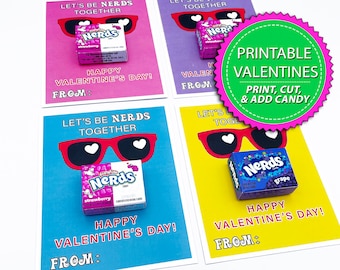 Valentines Printable Cards Nerds School Candy Valentine Kids DIY Digital Valentine Download "Lets Be Nerds Together" Fun Easy Valentine