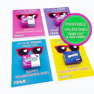 Valentines Printable Cards Nerds School Candy Valentine Kids DIY Digital Valentine Download "Lets Be Nerds Together" Fun Easy Valentine