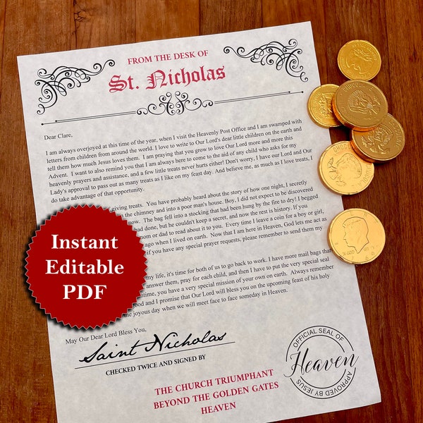 Editable Letter From Saint Nicholas Catholic | Saint Nicholas Printable Letter | PDF Download | Simple DIY St. Nicholas Day Tradition