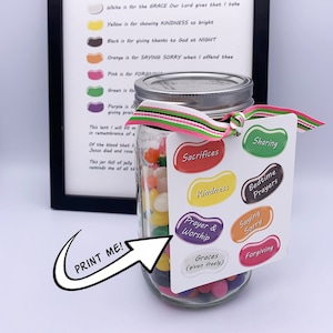 DRUCKBARE Karwoche katholische christliche Aktivität für Kinder, Jelly Bean Gebets opfer Glas TAGS und POSTER, Fasten Sonntag Schulhandwerk