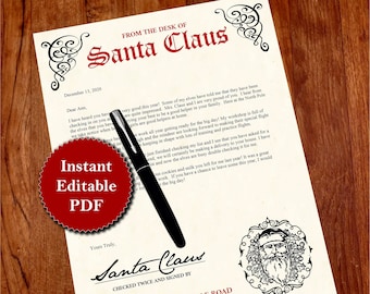 Letter From Santa Claus Template | Printable Christmas Letter | Instant Editable PDF UNLIMITED Download | Plain or Faux Parchment Background