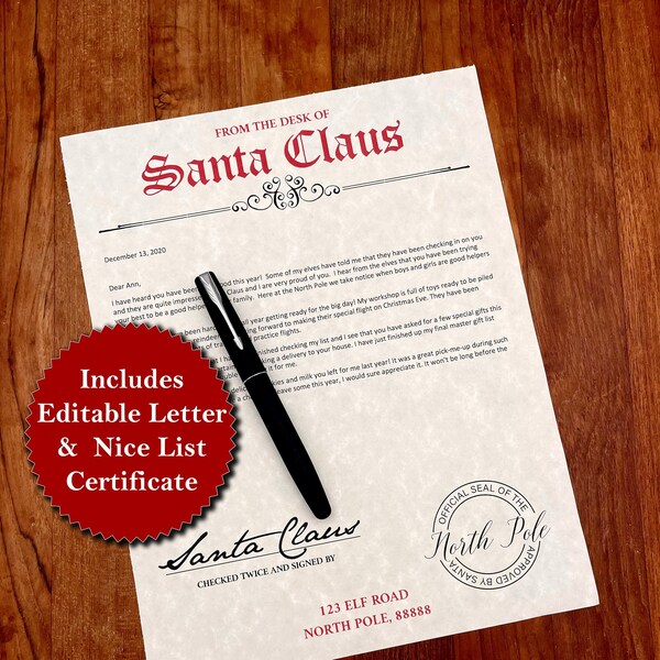 Editable Letter From Santa Claus | Printable Christmas Letter from the North Pole | PDF Download | Includes Santa's NICE LIST Certificate