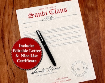 Editable Letter From Santa Claus | Printable Christmas Letter from North Pole | UNLIMITED Downloads | Includes Santa's NICE LIST Certificate