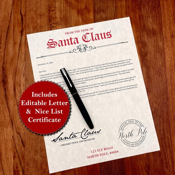 Editable Letter From Santa Claus | Printable Christmas Letter from North Pole | UNLIMITED Downloads | Includes Santa's NICE LIST Certificate