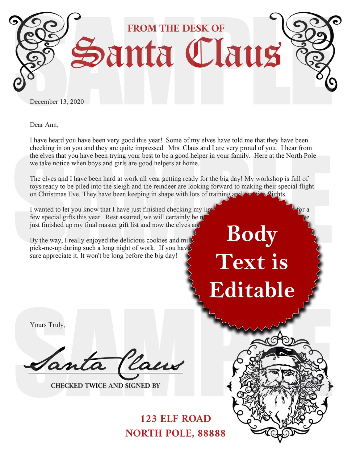 Letter From Santa Claus Template Printable Christmas Letter Etsy