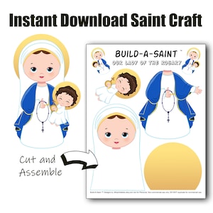 La nostra Signora del Rosario, bambola di carta cattolica, Maria, COSTRUISCI UN SANTO, pagina di attività di taglio della Beata Vergine stampabile, lezione digitale da scaricare