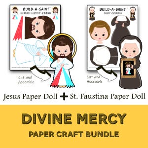 Puede incluir: Un paquete de manualidades de papel imprimible con Jesús y Santa Faustina. Las muñecas de papel están listas para recortar y ensamblar. El título "BUILD-A-SAINT" está en la parte superior de cada página. El título "DIVINE MERCY PAPER CRAFT BUNDLE" está en la parte inferior de la imagen.