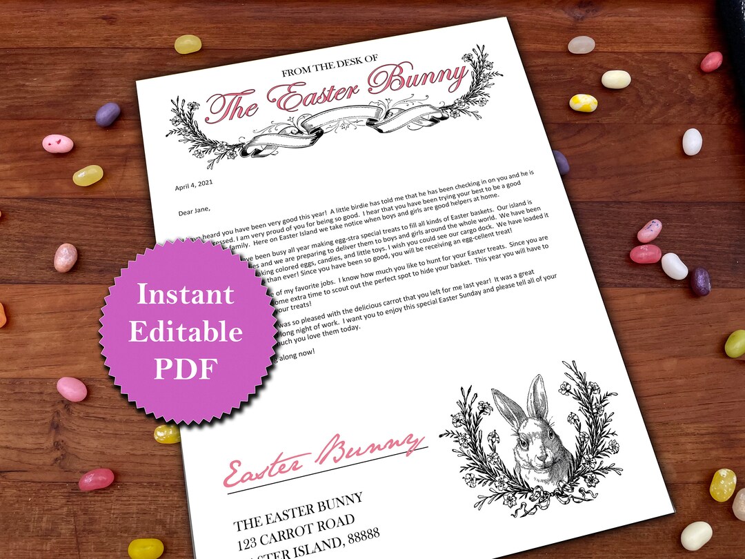 Easter Bunny Letter Editable PRINTABLE Easter Stationery Instant ...