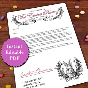 May include: A printable letter from the Easter Bunny, with a black and white illustration of a bunny rabbit in a wreath of flowers. The letter is addressed to Jane and dated April 4, 2011. The letter includes the text "From the desk of The Easter Bunny" at the top and "Easter Bunny" at the bottom, along with the address "The Easter Bunny, 123 Carrot Road, Easter Island, 88888".