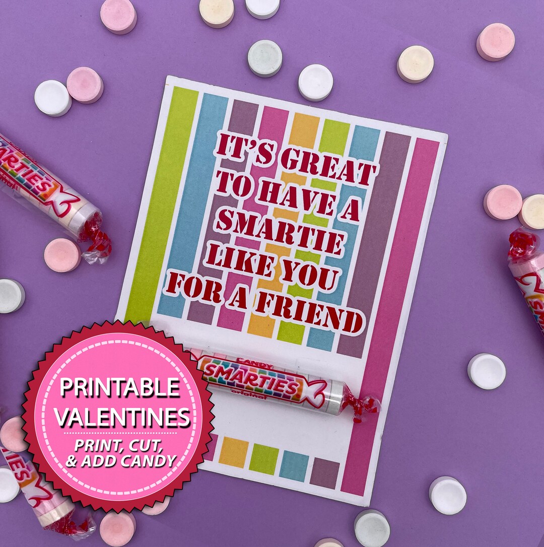 Printable Kid Valentine Cards Smartie Instant Download Kids School Classroom Valentine Treat ...