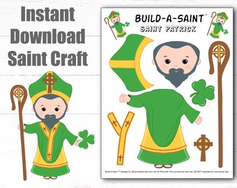May include: A printable craft activity for kids to build a Saint Patrick figure. The printable includes a head, body, arms, legs, a staff, a shamrock, and a cross. The printable is titled "Build-A-Saint: Saint Patrick".