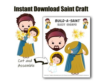 May include: Printable craft activity featuring Saint Joseph. Cut and assemble the pieces to create a build-a-saint craft. The image includes a colorful illustration of Saint Joseph holding a baby Jesus.