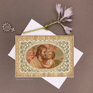 Tarjeta de felicitación católica de San José IMPRIMIBLE, Tarjeta DIGITAL vintage de San José, Confirmación, Bautismo, Primera Comunión, Tarjeta de nuevos padres