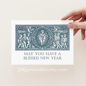 Tarjeta de Epifanía de AÑO NUEVO católica para imprimir con grabado de Jesús en la Natividad, descarga instantánea, tarjeta digital en formato PDF de 5 x 7 y sobre imprimible con arte lineal