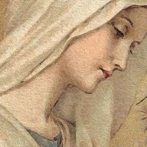 May include: A close-up of a painting depicting a woman with a soft, light brown complexion. She is wearing a white veil that covers her head and shoulders. Her eyes are closed and her lips are slightly parted. The painting is done in a realistic style and has a soft, muted color palette.