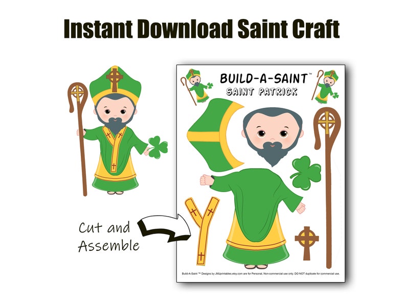 May include: Printable craft activity featuring Saint Patrick. Cut and assemble the pieces to create a build-a-saint craft. The craft includes a saint's head, body, staff, and shamrock.