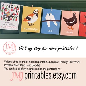 May include: A series of colorful printable cards featuring illustrations of birds and text from the Twelve Days of Christmas song. The cards are displayed on a string with clothespins. The text "JMJ printables.etsy.com" is also visible.