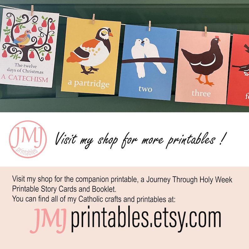 May include: A series of colorful printable cards featuring illustrations of birds and text from the Twelve Days of Christmas song. The cards are displayed on a string with clothespins. The text "JMJ printables.etsy.com" is also visible.