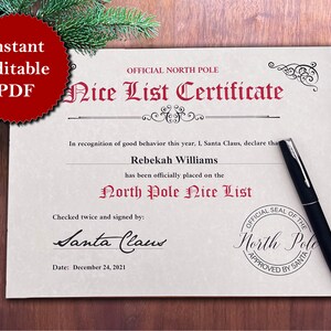 Official Nice List Certificate From the North Pole | Printable ...