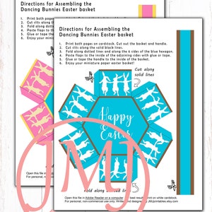 May include: Printable PDF file for a 3D paper Easter basket. The basket is blue with white bunnies dancing around it. The text "Happy Easter" is written on the front of the basket. The instructions for assembling the basket are included.