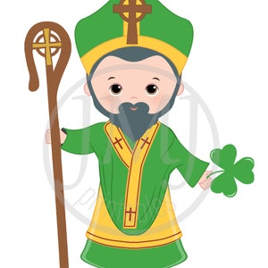 May include: Cartoon illustration of a man dressed as Saint Patrick. He is wearing a green robe with a yellow sash and a green hat with a gold cross. He is holding a wooden staff with a gold cross and a shamrock.