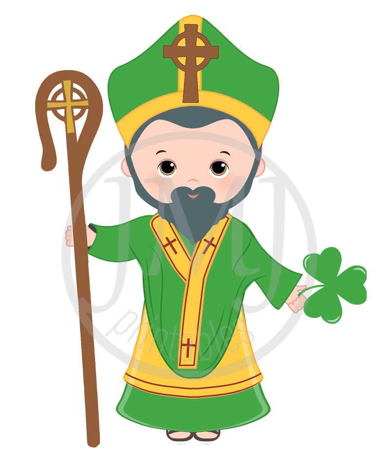 May include: Cartoon illustration of a man dressed as Saint Patrick. He is wearing a green robe with a yellow sash and a green hat with a gold cross. He is holding a wooden staff with a gold cross and a shamrock.