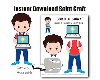 May include: An illustration for a Saint Craft instant download. The image features a cartoon of a boy holding a laptop with a religious symbol on the screen. The text "Instant Download Saint Craft" is at the top.
