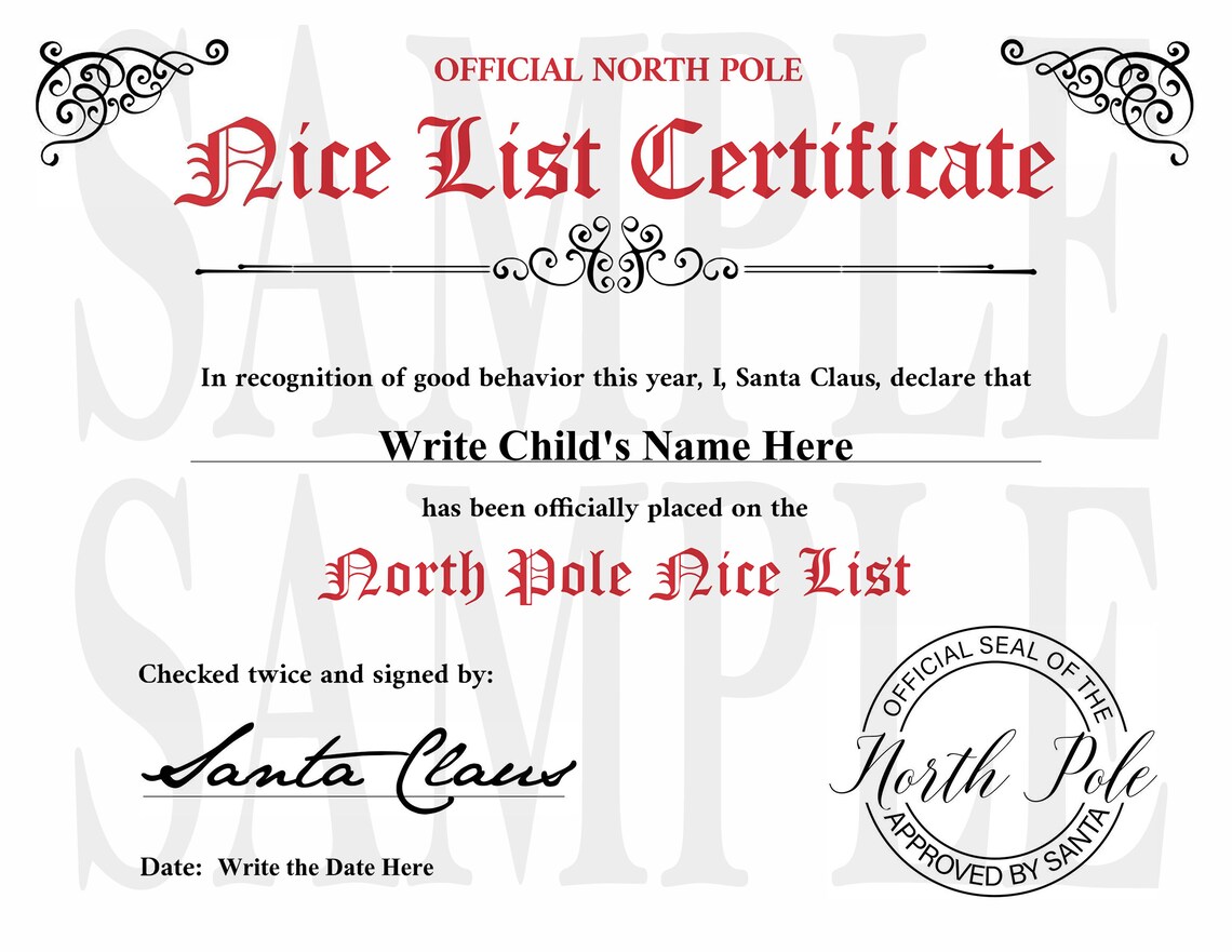 Official Nice List Certificate From the North Pole Printable - Etsy