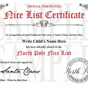 Official Nice List Certificate From the North Pole | Printable ...