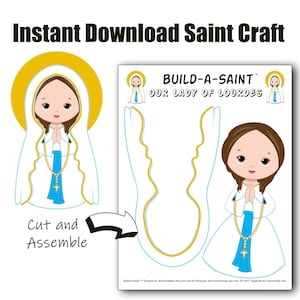Puede incluir: Una ilustración de Nuestra Señora de Lourdes, parte de una manualidad Build-a-Saint. La imagen muestra una representación de estilo caricatura de la santa con un halo, una túnica blanca y una faja azul. El texto dice "Descarga instantánea Saint Craft" y "Cortar y ensamblar."