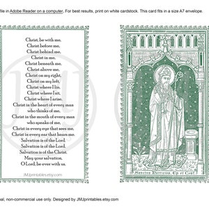 Peut inclure: Une carte imprimable avec un fond vert repr&eacute;sentant une pri&egrave;re &agrave; Saint Patrick. La pri&egrave;re se lit comme suit : &laquo;&nbsp;Christ, sois avec moi, Christ devant moi, Christ derri&egrave;re moi, Christ en moi, Christ sous moi, Christ au-dessus de moi, Christ &agrave; ma droite, Christ &agrave; ma gauche, Christ l&agrave; o&ugrave; je me couche, Christ l&agrave; o&ugrave; je m'assois, Christ l&agrave; o&ugrave; je me l&egrave;ve, Christ dans le c&oelig;ur de tout homme qui pense &agrave; moi, Christ dans la bouche de tout homme qui parle de moi, Christ dans chaque &oelig;il qui me voit, Christ dans chaque oreille qui m'entend. Le salut vient du Seigneur. Le salut vient du Seigneur. Le salut vient du Christ. Que ton salut, &ocirc; Seigneur, soit toujours avec nous.&nbsp;&raquo;
