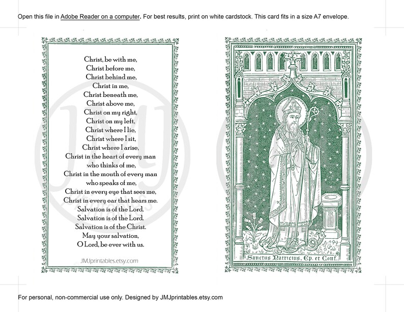 Peut inclure: Une carte imprimable avec un fond vert repr&eacute;sentant une pri&egrave;re &agrave; Saint Patrick. La pri&egrave;re se lit comme suit : &laquo;&nbsp;Christ, sois avec moi, Christ devant moi, Christ derri&egrave;re moi, Christ en moi, Christ sous moi, Christ au-dessus de moi, Christ &agrave; ma droite, Christ &agrave; ma gauche, Christ l&agrave; o&ugrave; je me couche, Christ l&agrave; o&ugrave; je m'assois, Christ l&agrave; o&ugrave; je me l&egrave;ve, Christ dans le c&oelig;ur de tout homme qui pense &agrave; moi, Christ dans la bouche de tout homme qui parle de moi, Christ dans chaque &oelig;il qui me voit, Christ dans chaque oreille qui m'entend. Le salut vient du Seigneur. Le salut vient du Seigneur. Le salut vient du Christ. Que ton salut, &ocirc; Seigneur, soit toujours avec nous.&nbsp;&raquo;