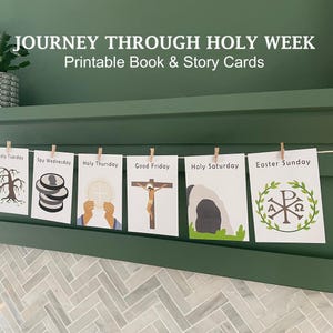 Folleto imprimible de Semana Santa católica y tarjetas con historias para imprimir Cuenta regresiva de Pascua Lección de las Escrituras Escuela dominical cristiana Banner para niños Lecturas bíblicas