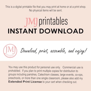 May include: Digital printable file with text: "JMJ printables INSTANT DOWNLOAD." The image includes the text "Download, print, assemble, and enjoy!" and a notice about personal use only. The file is available for printing at home or a print shop.