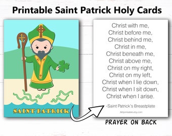 Saint Patrick Holy Card PRINTABLE Catholic Kids Prayer Card Saint Patrick's Day Party Favor CCD Sunday School Grade School Instant Download