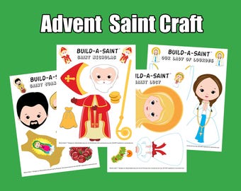 May include: Four printable paper craft activities featuring saints. Each craft includes a saint's head, body, and accessories to cut out and assemble. The saints featured are Saint Joan, Saint Nicholas, Our Lady of Lourdes, and Saint Lucy.
