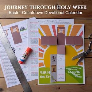 May include: A printable Easter countdown devotional calendar featuring a colourful cross and sun design. The calendar includes daily scripture readings and activities for each day of Holy Week.