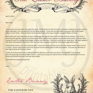 May include: A vintage-style letter from the Easter Bunny to a child named Jane. The letter is written on a cream-colored paper with a floral border. The letter is dated April 4, 2021. The letter includes a message from the Easter Bunny about hiding Easter treats and wishing Jane a happy Easter Sunday.