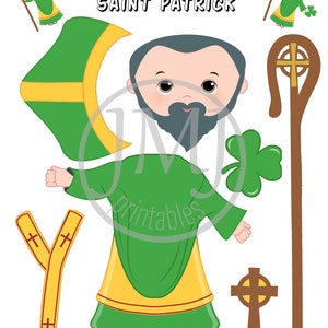 May include: Build-A-Saint printable craft activity featuring Saint Patrick. The printable includes a green robe, a yellow sash, a beard, a shamrock, a shepherd's crook, and a Celtic cross.