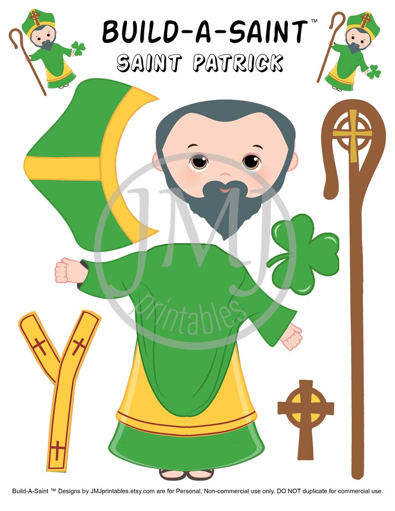 May include: Build-A-Saint printable craft activity featuring Saint Patrick. The printable includes a green robe, a yellow sash, a beard, a shamrock, a shepherd's crook, and a Celtic cross.