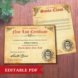 Letter From Santa and Nice List Certificate Bundle | Editable Christmas Santa Claus Letter | Printable PDF Christmas Letter from North Pole