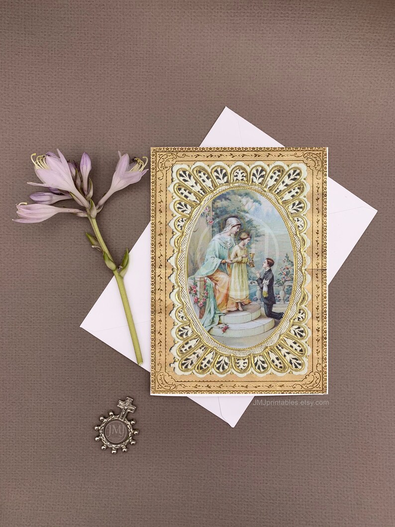 PRINTABLE First Communion Card BOY, Sacrament of 1st Holy Communion Gift, First Eucharist Traditional Catholic Card, Digital PDF Prayer Card zdjęcie 1