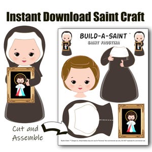 Puede incluir: Una descarga instantánea de una manualidad de San con una monja de dibujos animados sosteniendo una imagen enmarcada de Jesús. La imagen incluye piezas para cortar y ensamblar para crear una figura de Santa Faustina. El texto "Instant Download Saint Craft" está en la parte superior.