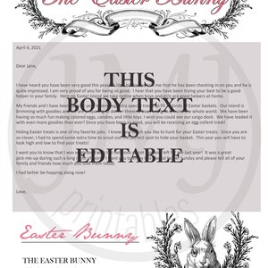 May include: A black and white illustration of the Easter Bunny with a wreath of flowers around it. The text reads "From the desk of The Easter Bunny" and "April 4, 2021". The text continues with a letter to Jane, mentioning Easter baskets, treats, and hiding eggs. The letter ends with "Love, Easter Bunny" and the address "The Easter Bunny, 123 Carrot Road, Easter Island, 88888".