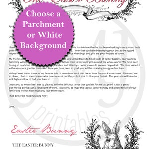 May include: A pink and white printable letter from the Easter Bunny. The letter is addressed to children and includes a message about hiding Easter treats. The letter is decorated with a floral border and a black and white illustration of a bunny rabbit.
