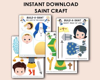 May include: Digital craft kits featuring saint-themed paper dolls. The kits include illustrated components to build figures of saints, such as Our Lady of the Rosary and Saint Joan of Arc. The text "INSTANT DOWNLOAD SAINT CRAFT" is at the top.