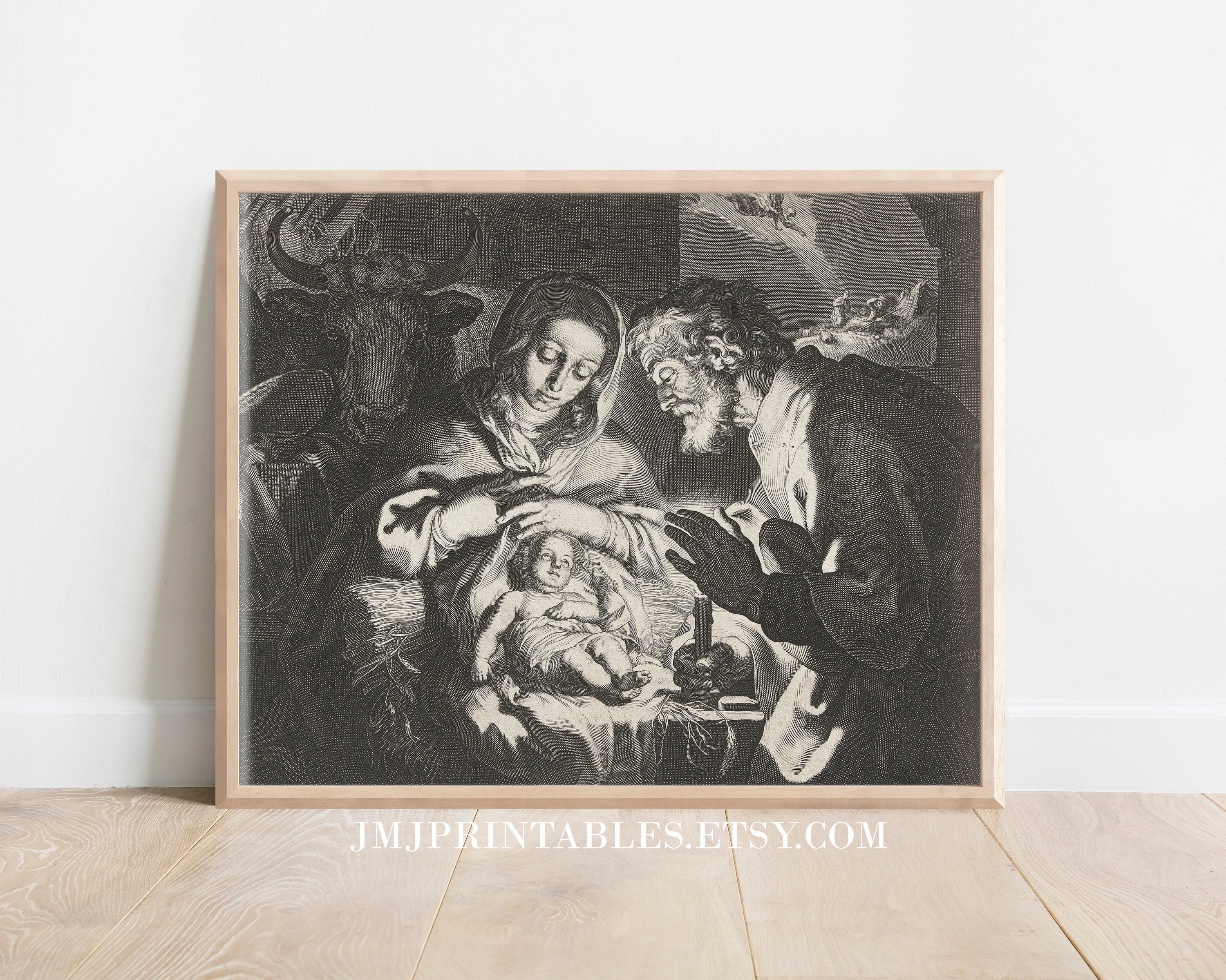 Catholic PRINTABLE Christmas Gift Art Print Holy Family Nativity Black and White Art Etching Digital Download Instant DIY Catholic Gift